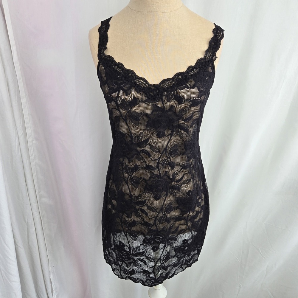Victoria's Secret Vtg Black Sheer Floral Lace Chemise Slip Dress Size M Y2K